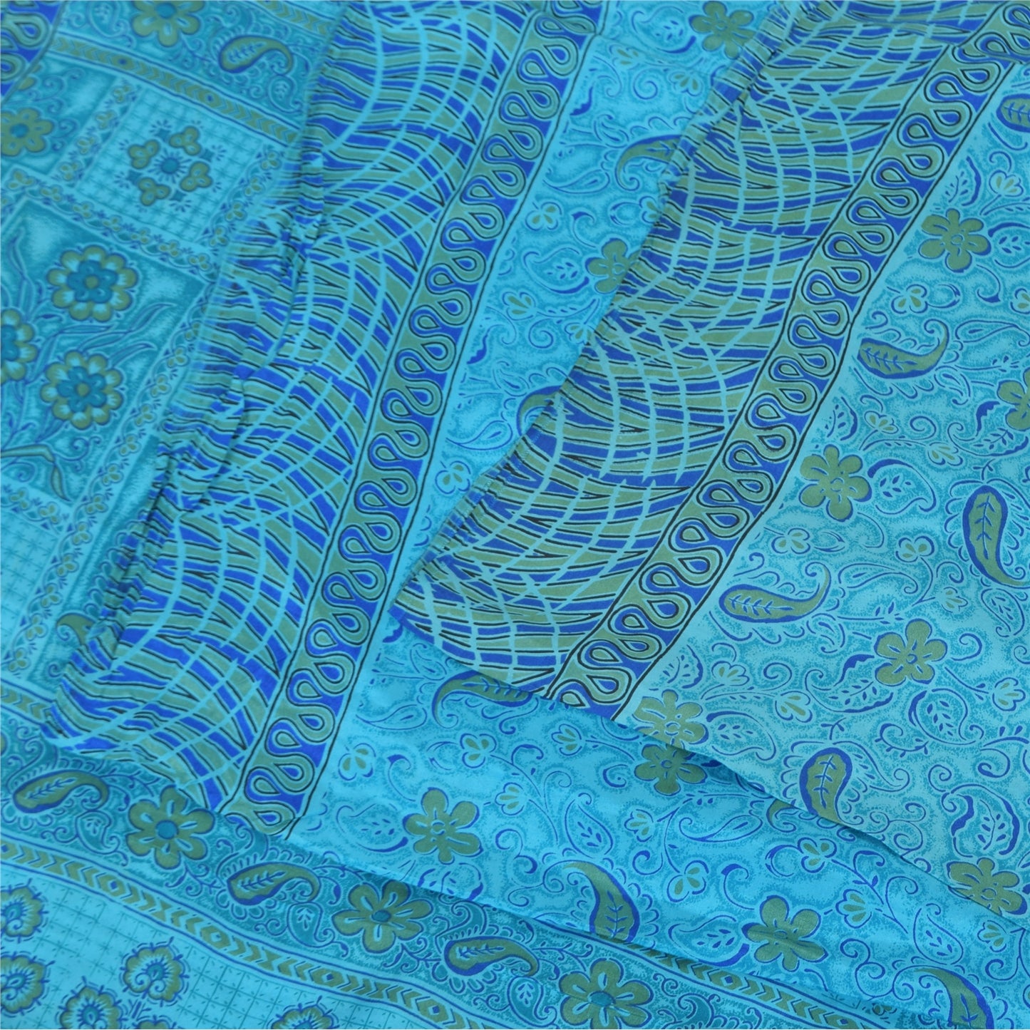 Sanskriti Vintage Sarees Blue Indian Pure Silk Printed Sari 5+yd Craft Fabric