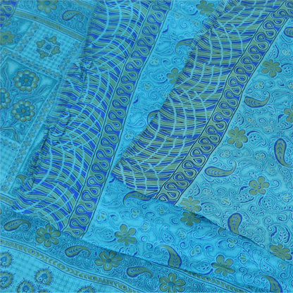 Sanskriti Vintage Sarees Blue Indian Pure Silk Printed Sari 5+yd Craft Fabric