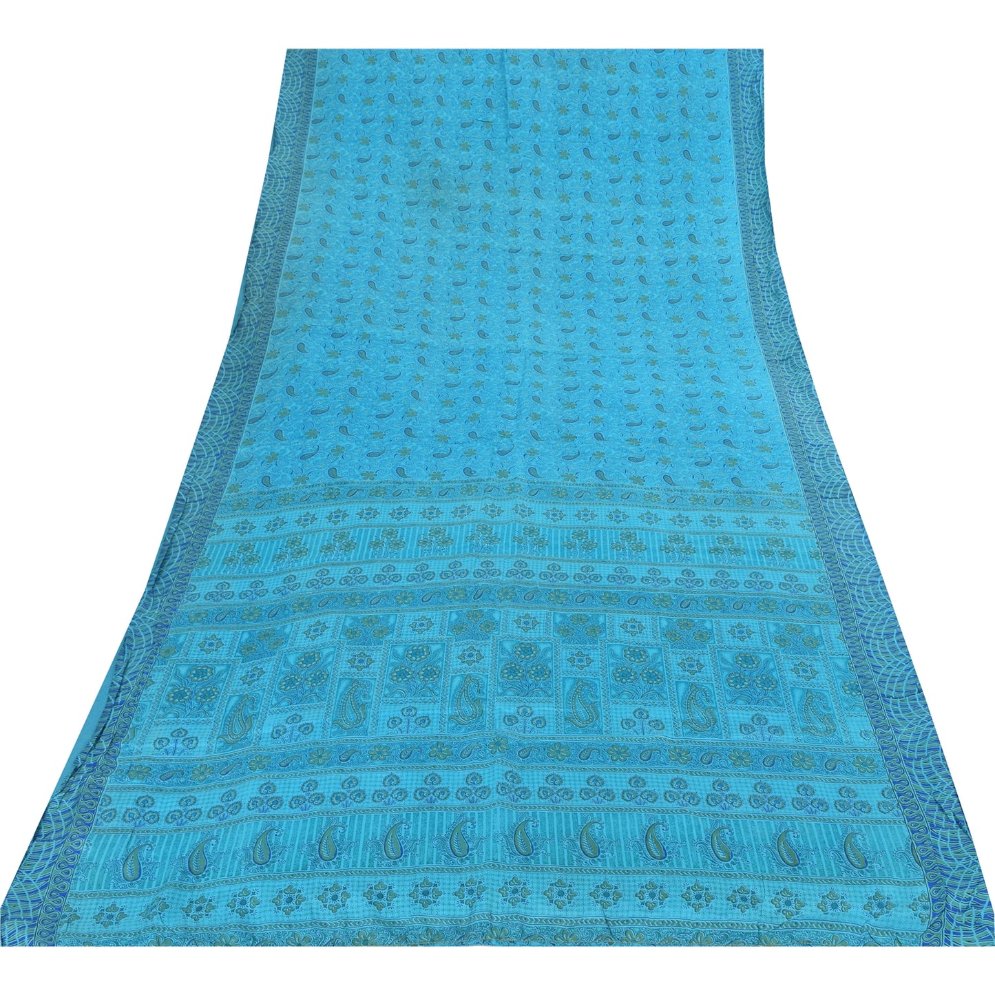 Sanskriti Vintage Sarees Blue Indian Pure Silk Printed Sari 5+yd Craft Fabric