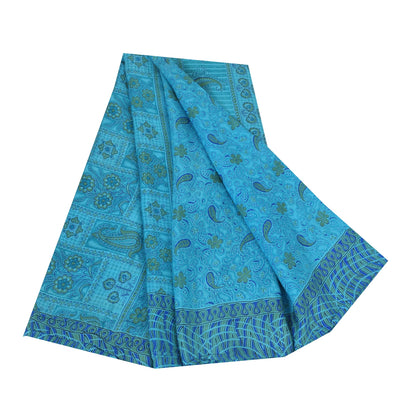 Sanskriti Vintage Sarees Blue Indian Pure Silk Printed Sari 5+yd Craft Fabric