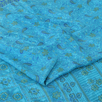 Sanskriti Vintage Sarees Blue Indian Pure Silk Printed Sari 5+yd Craft Fabric