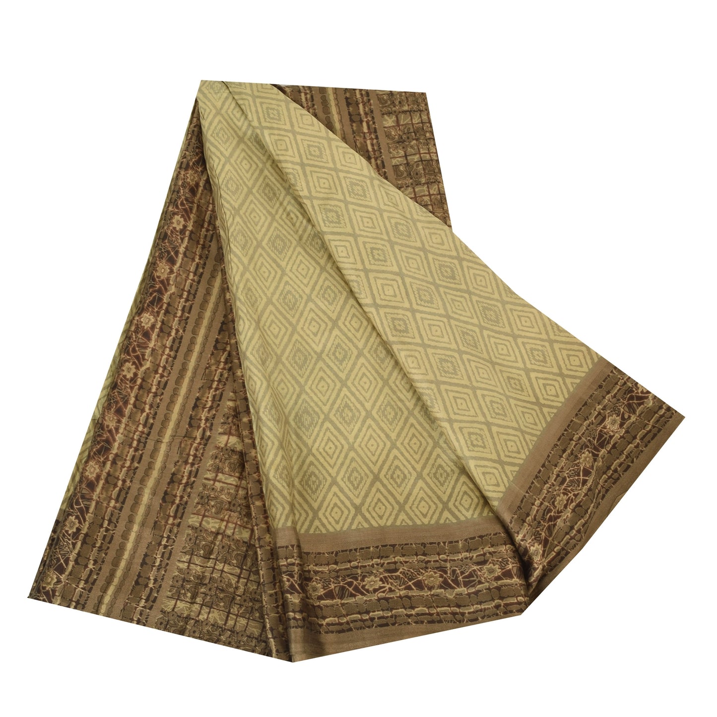 Sanskriti Vintage Sarees Cream 100% Pure Silk Printed Sari 5+yd Craft Fabric