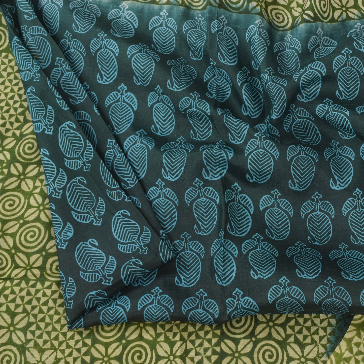 Sanskriti Vintage Sarees Blue/Green Pure Silk Block Print Sari 5+yd Craft Fabric