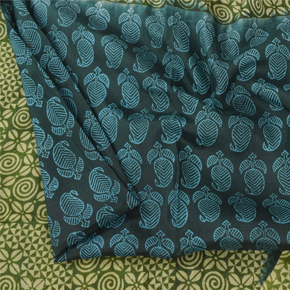 Sanskriti Vintage Sarees Blue/Green Pure Silk Block Print Sari 5+yd Craft Fabric