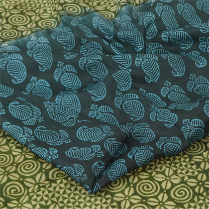 Sanskriti Vintage Sarees Blue/Green Pure Silk Block Print Sari 5+yd Craft Fabric