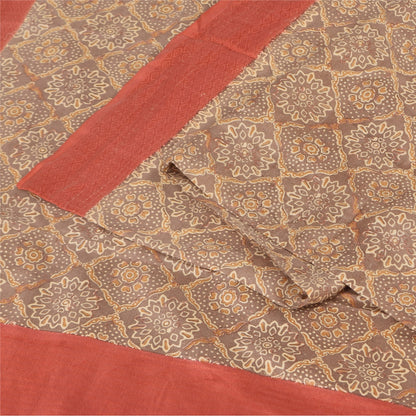 Sanskriti Vintage Sarees Brown Indian Pure Silk Printed Sari 5+yd Craft Fabric