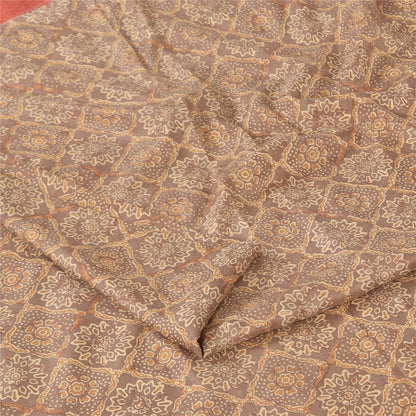 Sanskriti Vintage Sarees Brown Indian Pure Silk Printed Sari 5+yd Craft Fabric