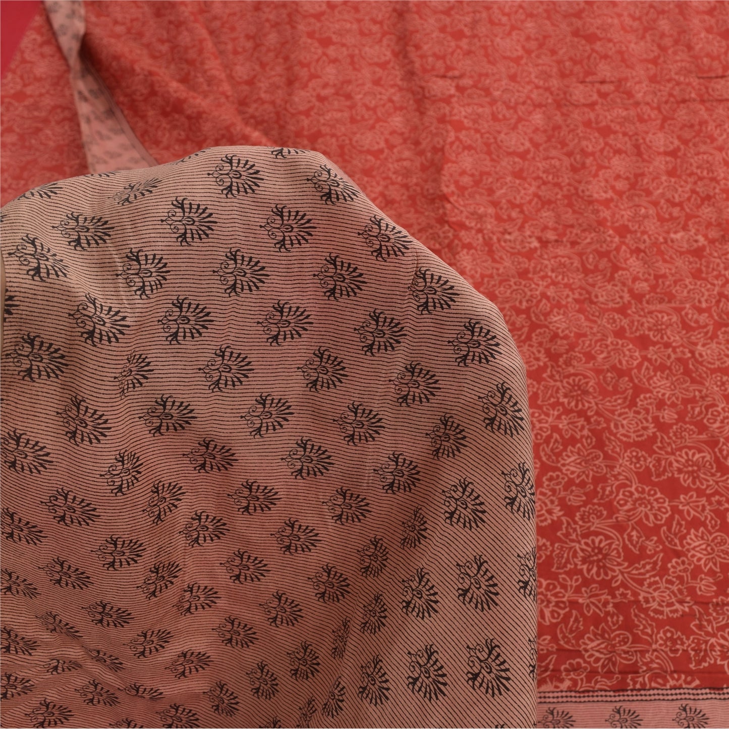 Sanskriti Vintage Sarees Red/Peach 100% Pure Silk Block Printed Sari 5+yd Fabric