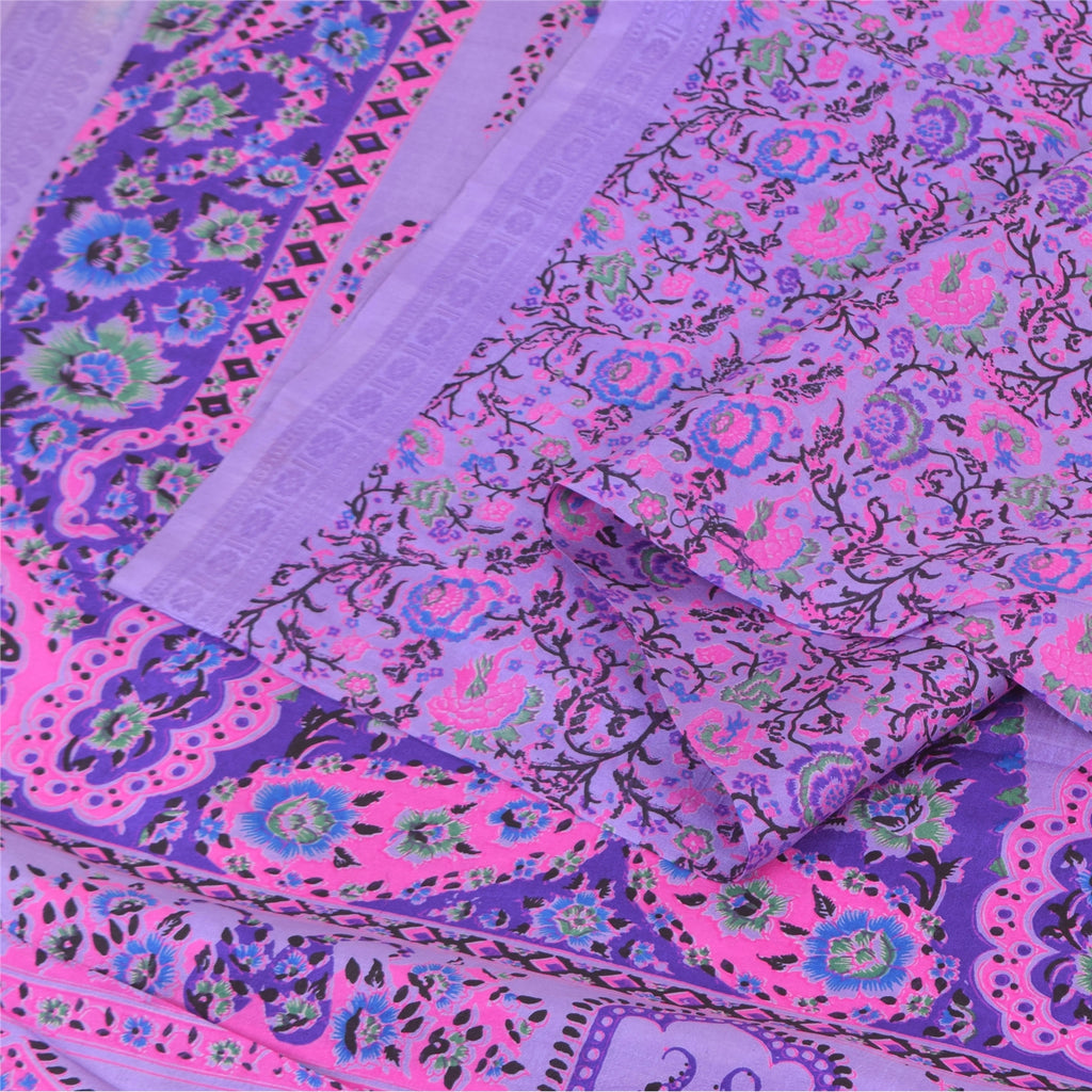 Sanskriti Vintage Sarees Purple 100% Pure Silk Printed Sari 5+yd Craft Fabric