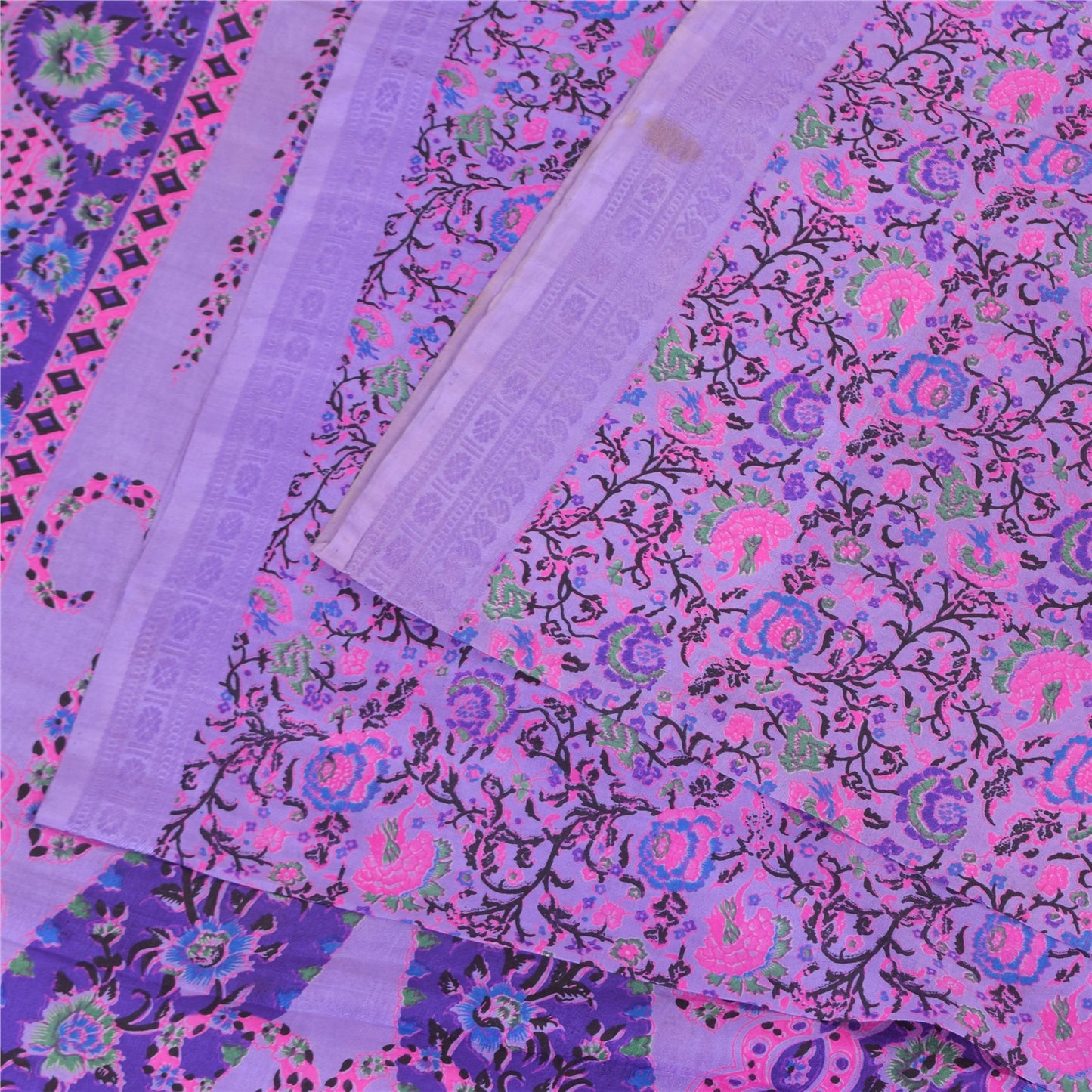 Sanskriti Vintage Sarees Purple 100% Pure Silk Printed Sari 5+yd Craft Fabric