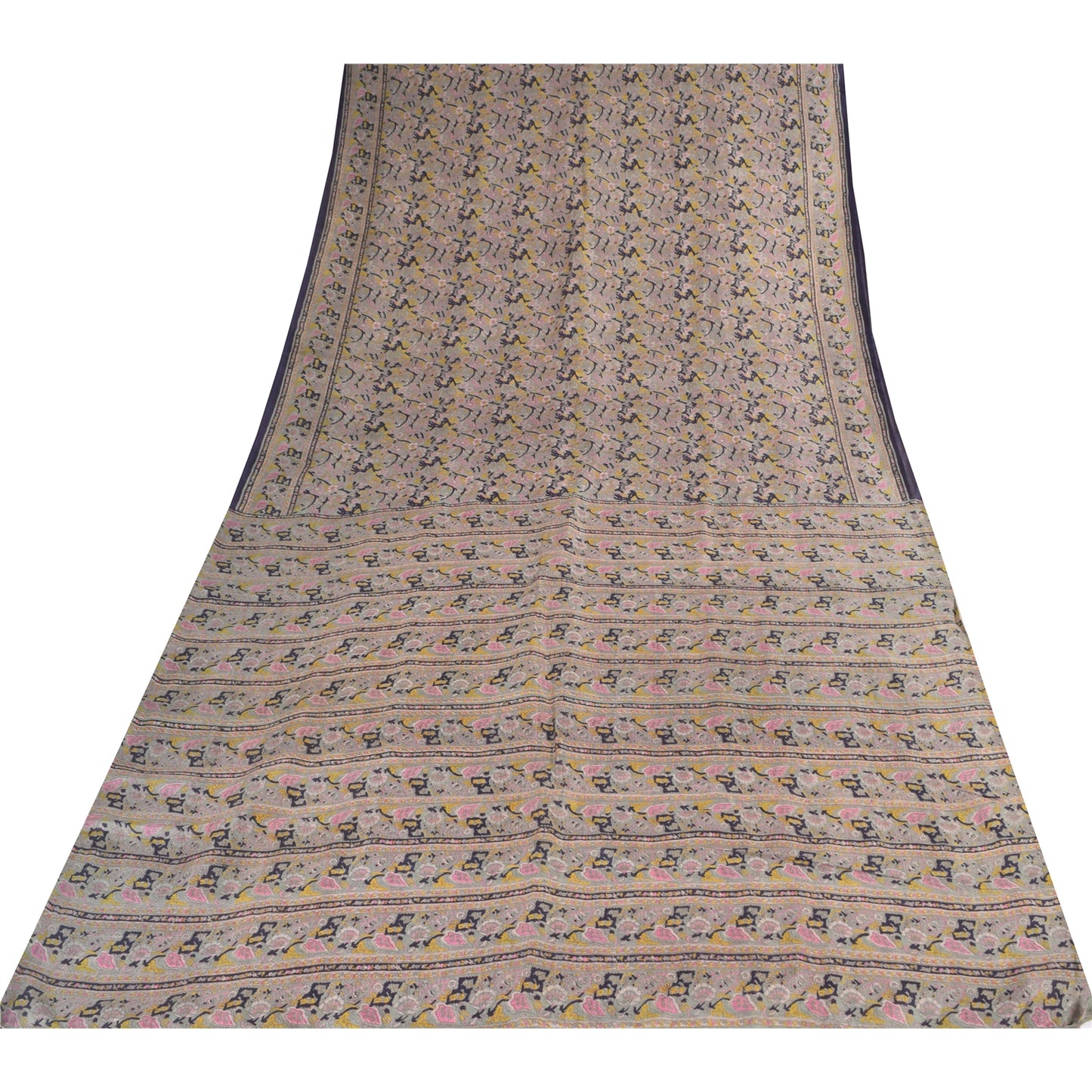 Sanskriti Vintage Sarees Gray Indian Pure Silk Printed Sari 5+yd Craft Fabric