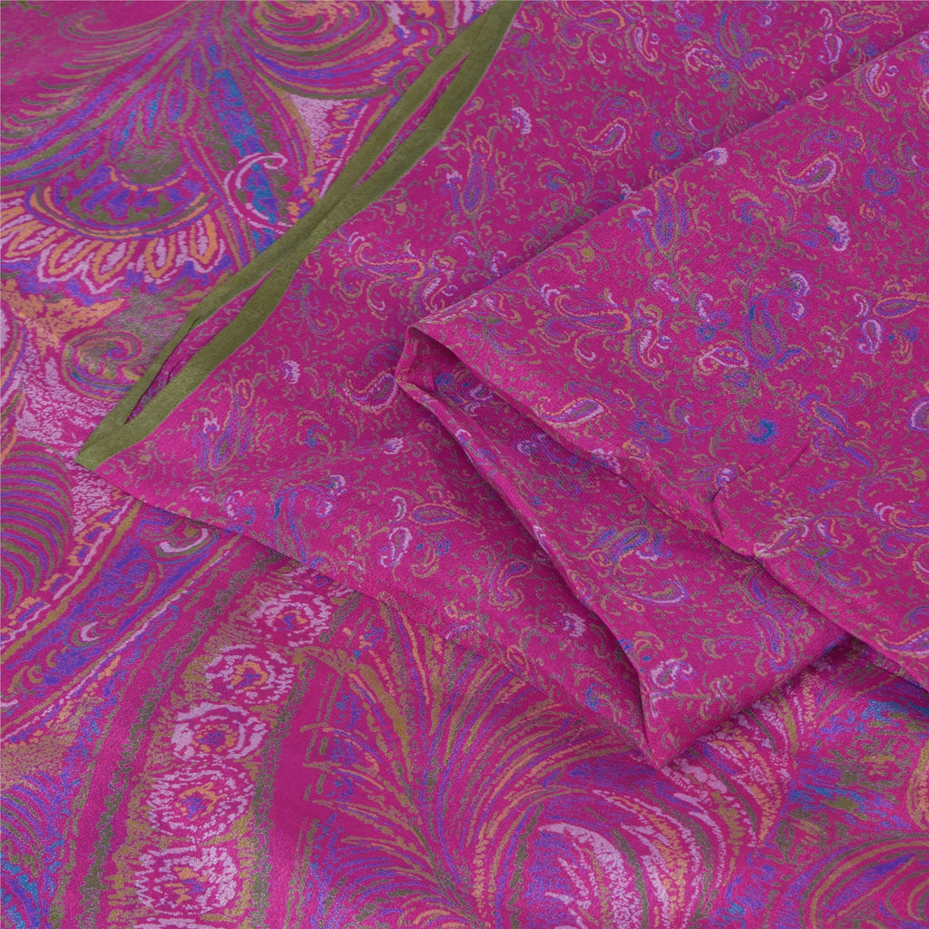 Sanskriti Vintage Sarees Hot-Pink 100% Pure Silk Printed Sari 6+yd Craft Fabric