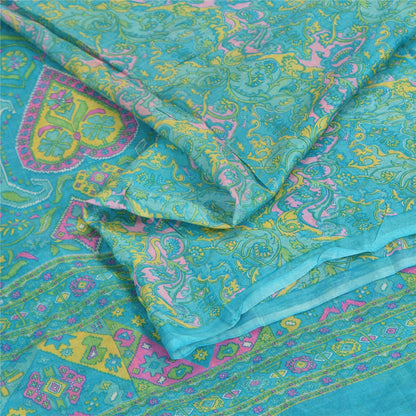 Sanskriti Vintage Sarees Blue Indian Pure Silk Printed Sari 6+yd Craft Fabric