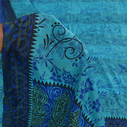 Sanskriti Vintage Sarees Blue Quilting Felting Craft Fabric Print Pure Silk Sari