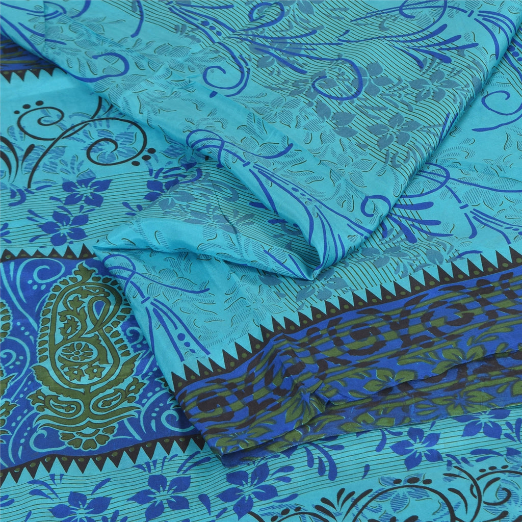 Sanskriti Vintage Sarees Blue Quilting Felting Craft Fabric Print Pure Silk Sari