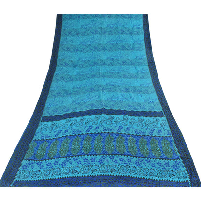 Sanskriti Vintage Sarees Blue Quilting Felting Craft Fabric Print Pure Silk Sari