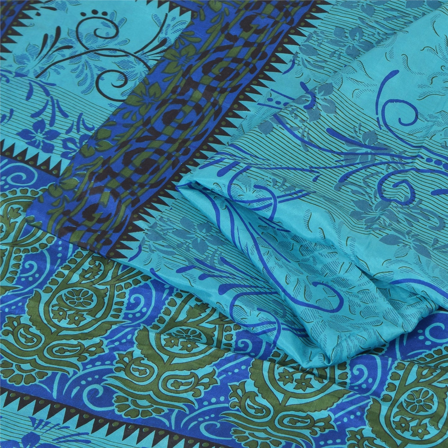 Sanskriti Vintage Sarees Blue Quilting Felting Craft Fabric Print Pure Silk Sari