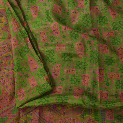 Sanskriti Vintage Sarees Green/Pink Pure Silk Printed Sari 6+yd Craft Fabric