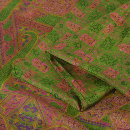 Sanskriti Vintage Sarees Green/Pink Pure Silk Printed Sari 6+yd Craft Fabric