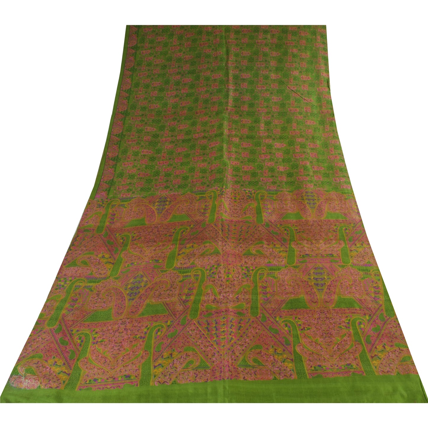 Sanskriti Vintage Sarees Green/Pink Pure Silk Printed Sari 6+yd Craft Fabric