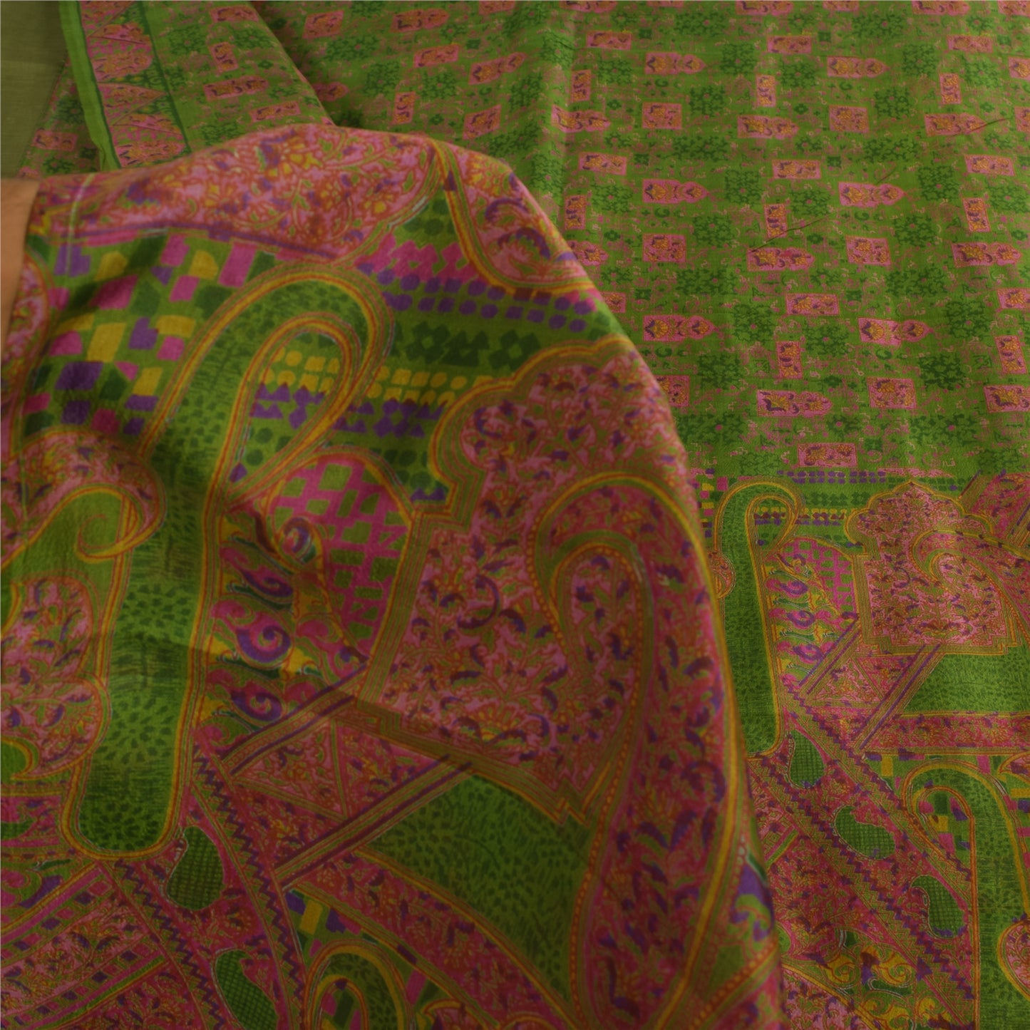 Sanskriti Vintage Sarees Green/Pink Pure Silk Printed Sari 6+yd Craft Fabric