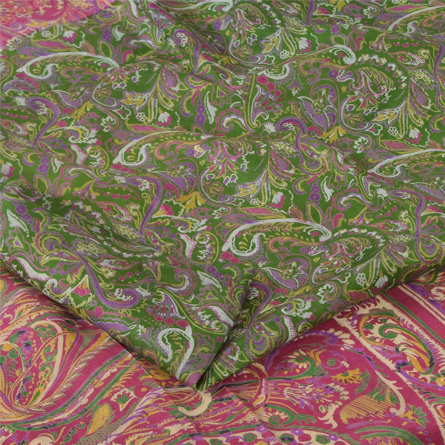 Sanskriti Vintage Sarees Green/Pink Pure Silk Printed Sari 6+yd Craft Fabric