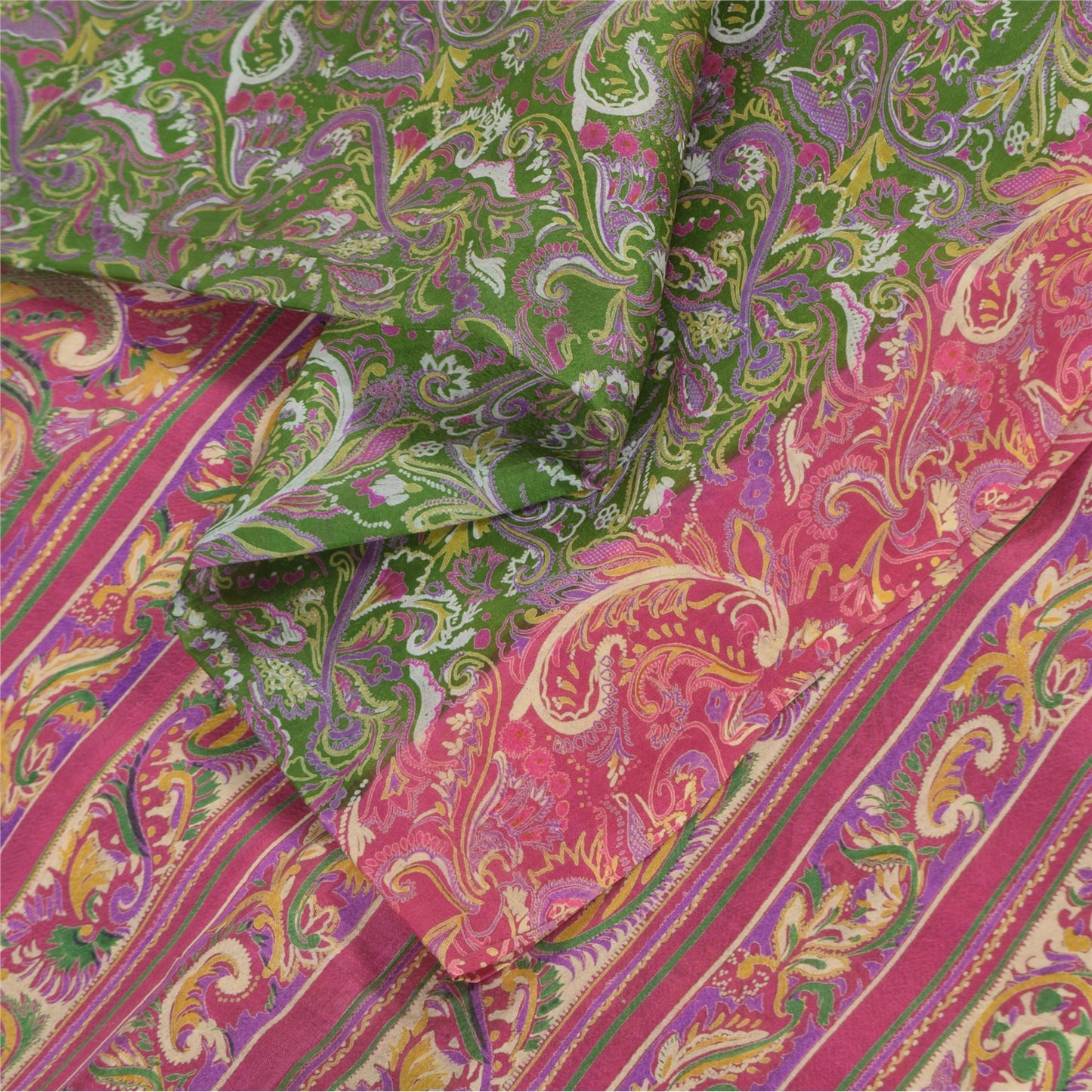 Sanskriti Vintage Sarees Green/Pink Pure Silk Printed Sari 6+yd Craft Fabric