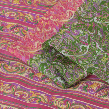 Sanskriti Vintage Sarees Green/Pink Pure Silk Printed Sari 6+yd Craft Fabric