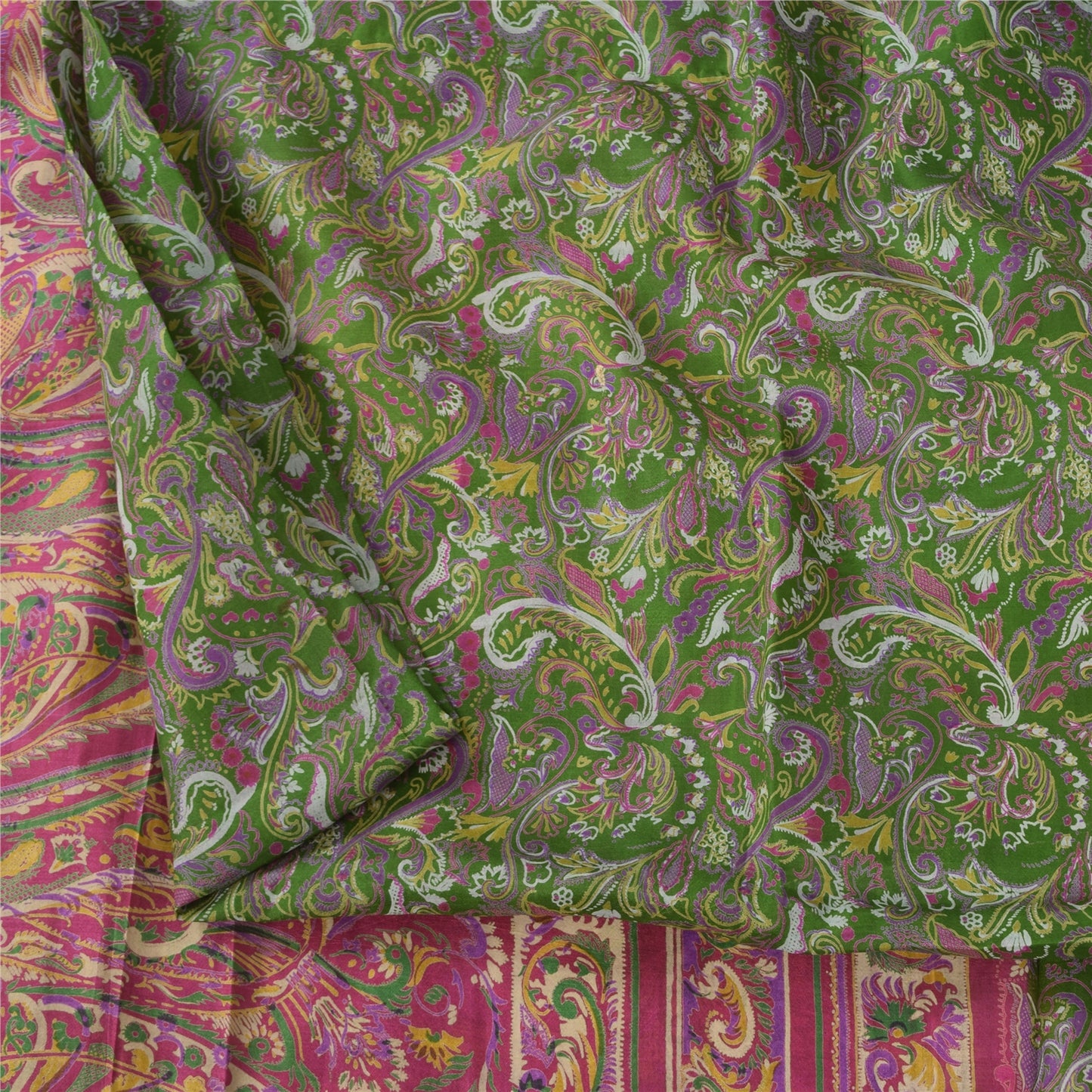 Sanskriti Vintage Sarees Green/Pink Pure Silk Printed Sari 6+yd Craft Fabric