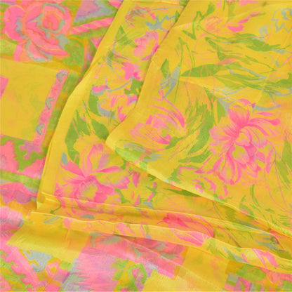 Sanskriti Vintage Sarees Yellow Indian Pure Silk Printed Sari 6+yd Craft Fabric