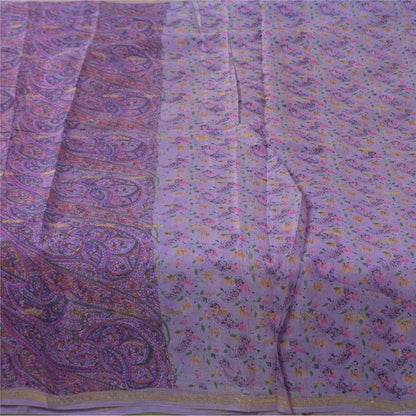 Sanskriti Vintage Sarees Purple Printed Woven Pure Silk Sari 5+yd Craft Fabric