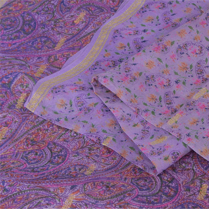 Sanskriti Vintage Sarees Purple Printed Woven Pure Silk Sari 5+yd Craft Fabric