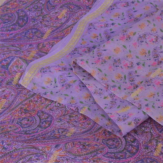 Sanskriti Vintage Sarees Purple Printed Woven Pure Silk Sari 5+yd Craft Fabric