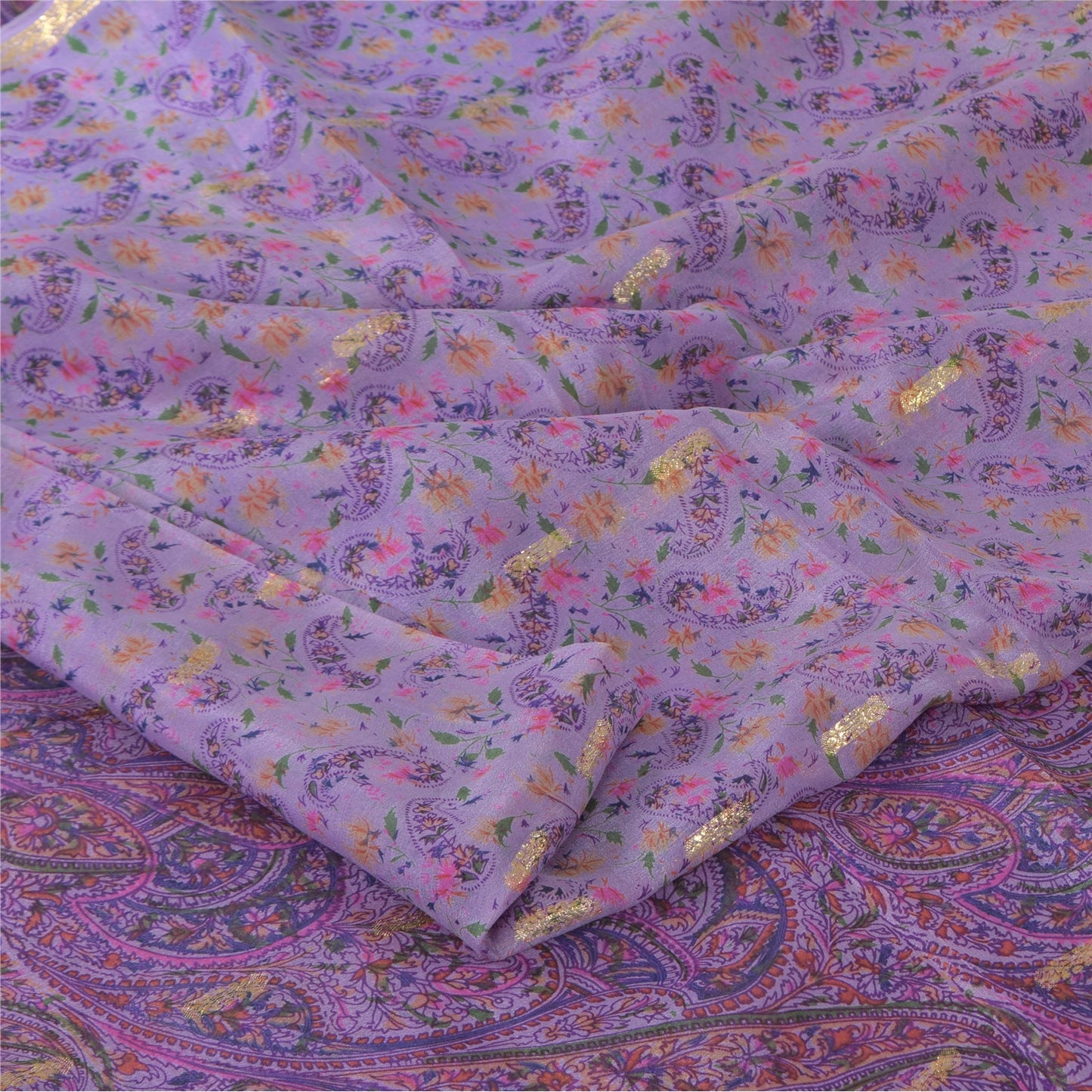 Sanskriti Vintage Sarees Purple Printed Woven Pure Silk Sari 5+yd Craft Fabric