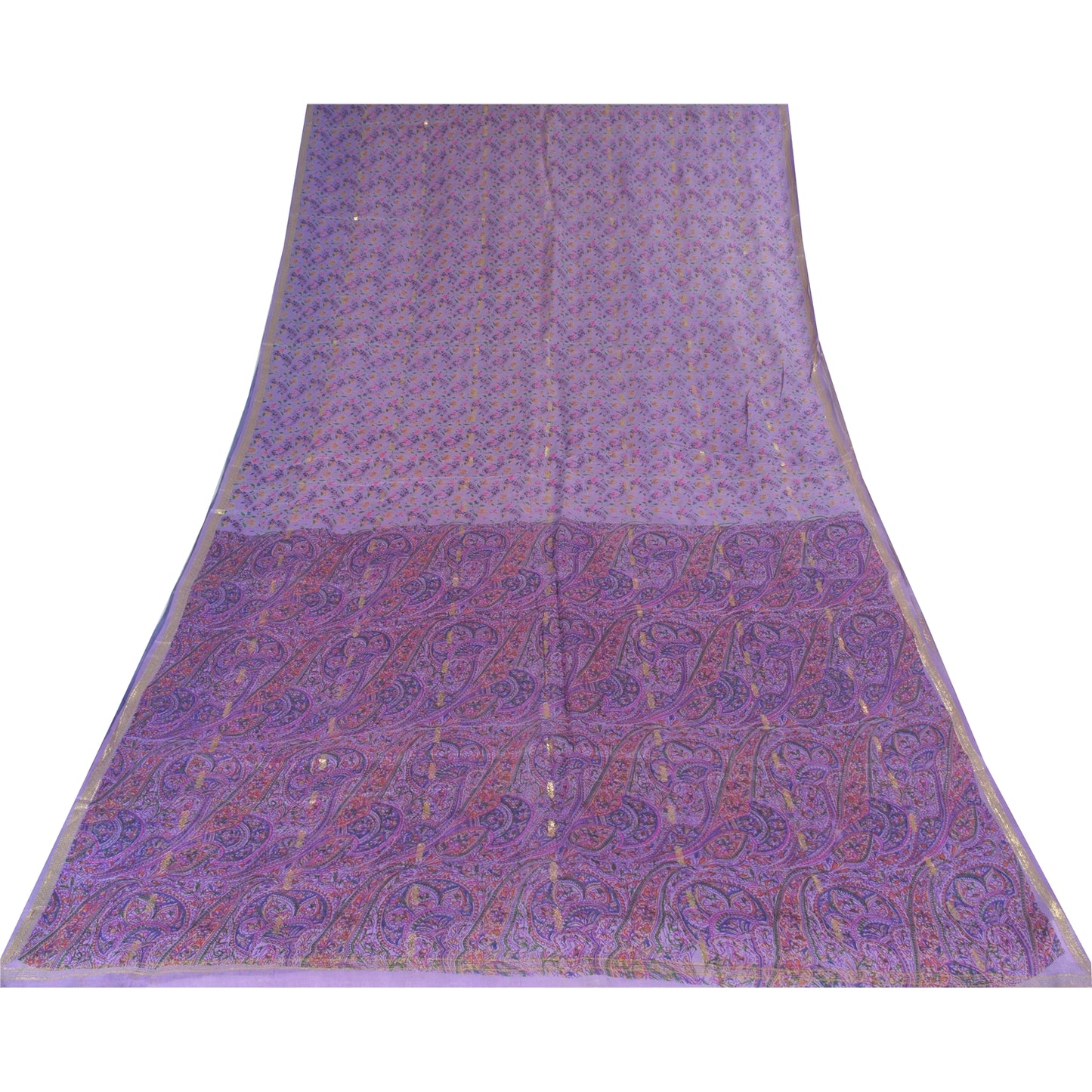 Sanskriti Vintage Sarees Purple Printed Woven Pure Silk Sari 5+yd Craft Fabric