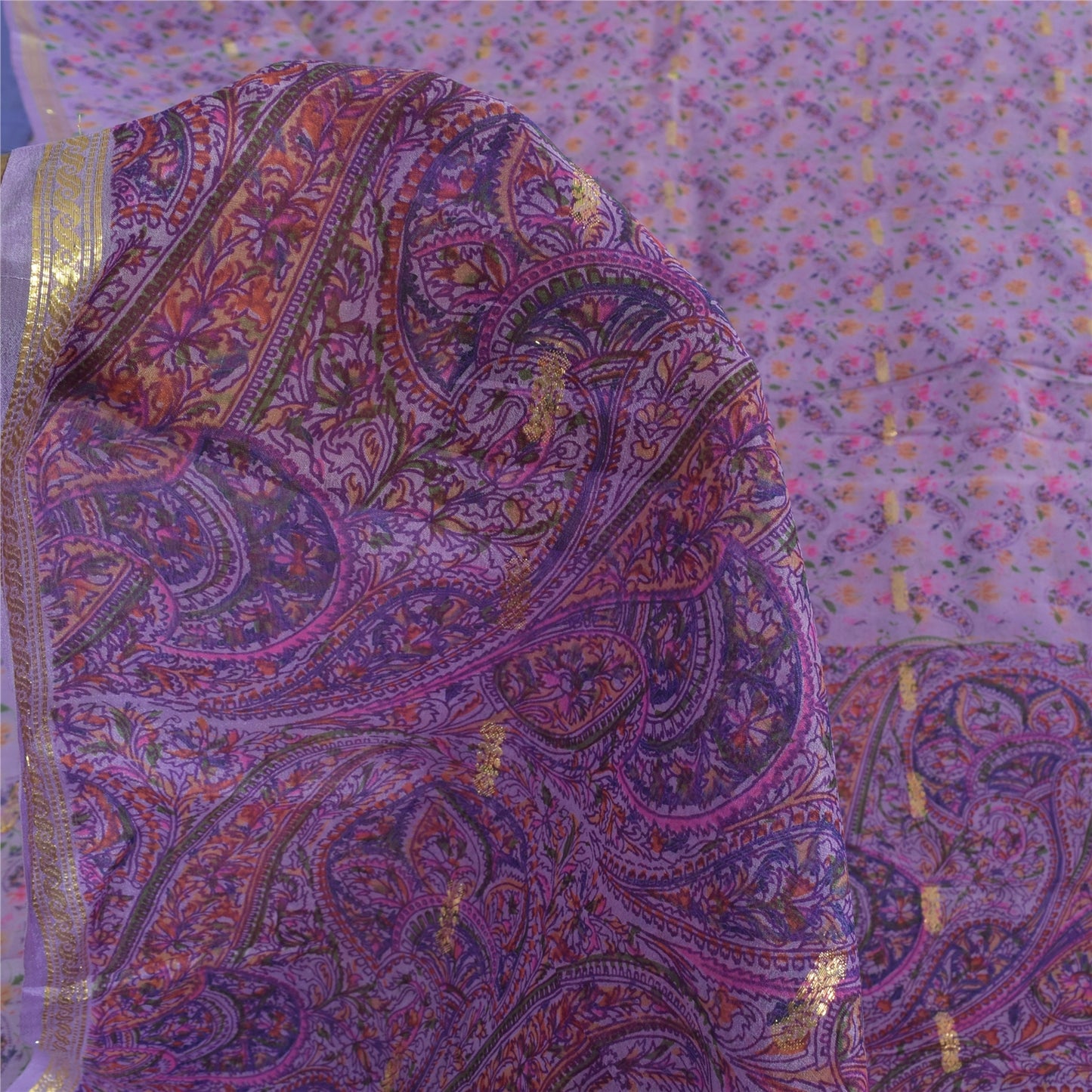 Sanskriti Vintage Sarees Purple Printed Woven Pure Silk Sari 5+yd Craft Fabric