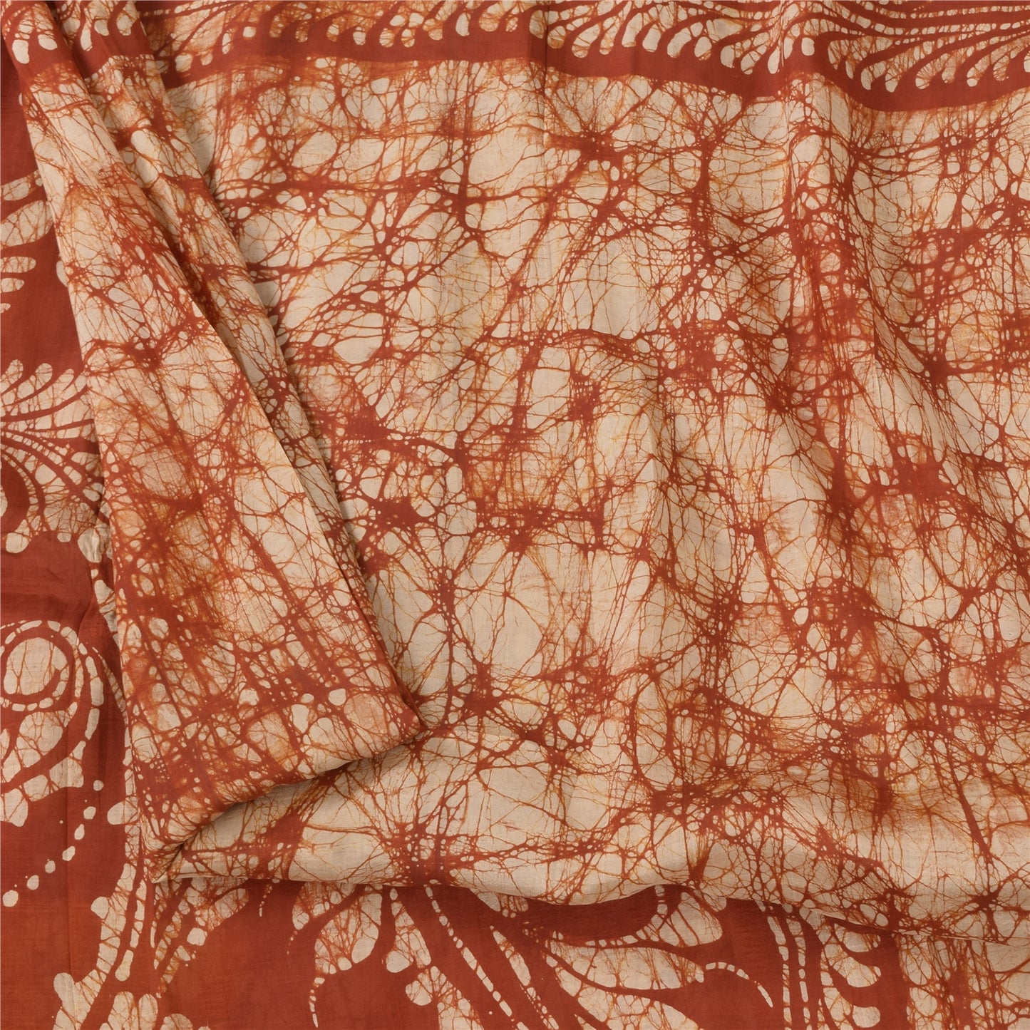 Sanskriti Vintage Sarees Cream/Orange Batik Work Pure Silk Sari 5+yd Fabric