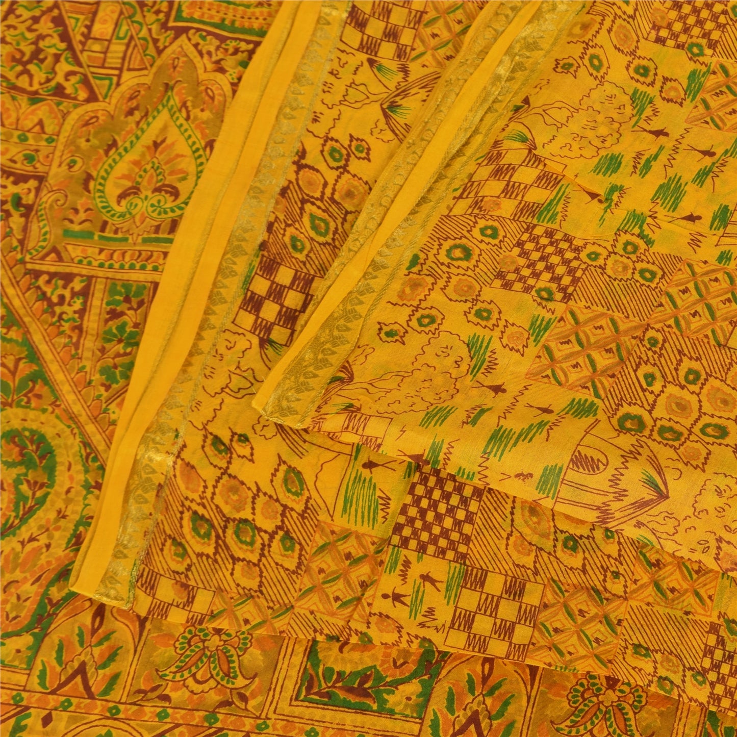 Sanskriti Vintage Sarees Yellow Indian Pure Silk Printed Sari 6+yd Craft Fabric