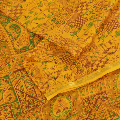 Sanskriti Vintage Sarees Yellow Indian Pure Silk Printed Sari 6+yd Craft Fabric