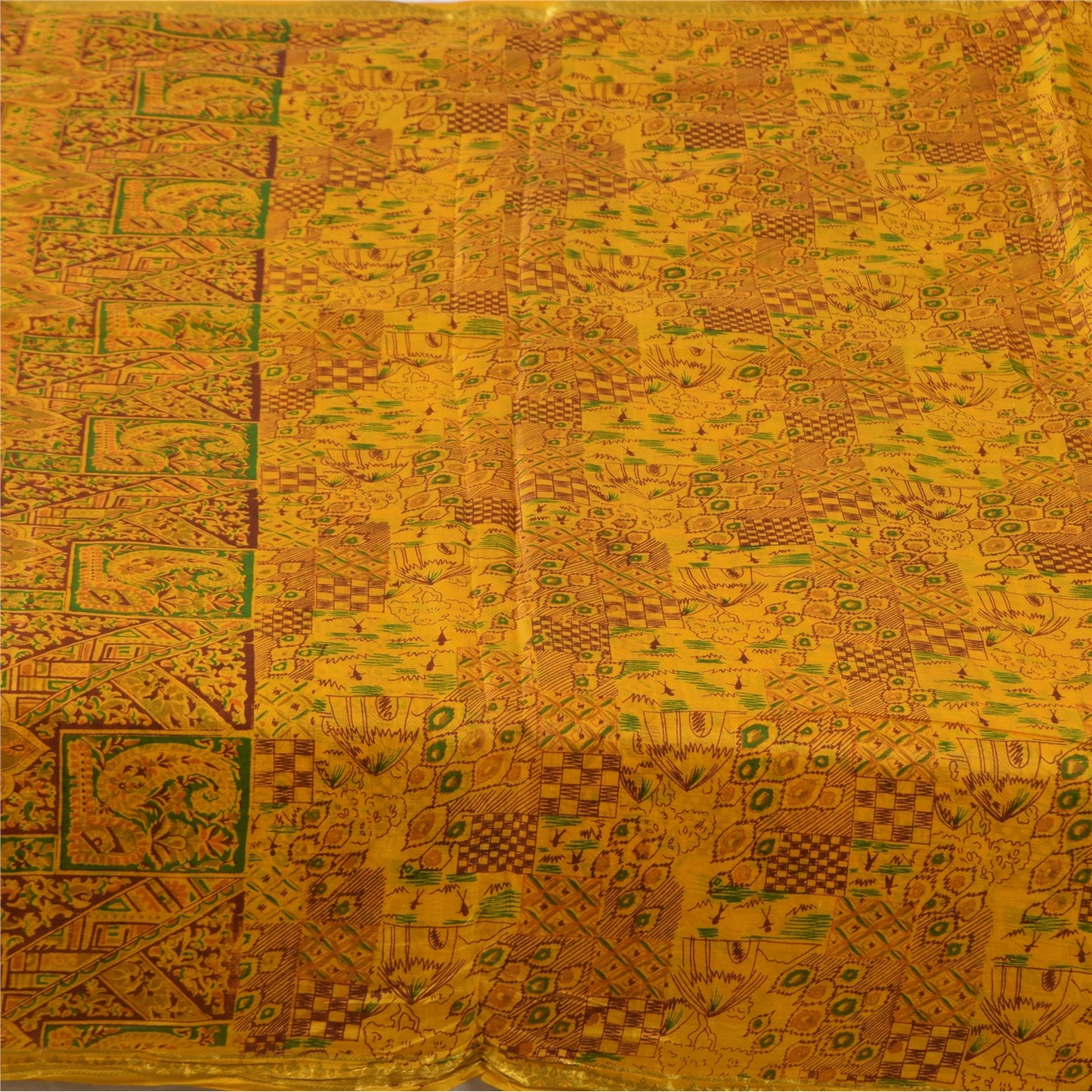 Sanskriti Vintage Sarees Yellow Indian Pure Silk Printed Sari 6+yd Craft Fabric