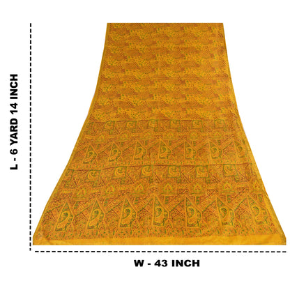 Sanskriti Vintage Sarees Yellow Indian Pure Silk Printed Sari 6+yd Craft Fabric