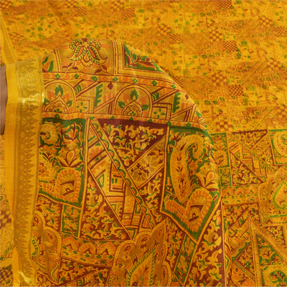 Sanskriti Vintage Sarees Yellow Indian Pure Silk Printed Sari 6+yd Craft Fabric