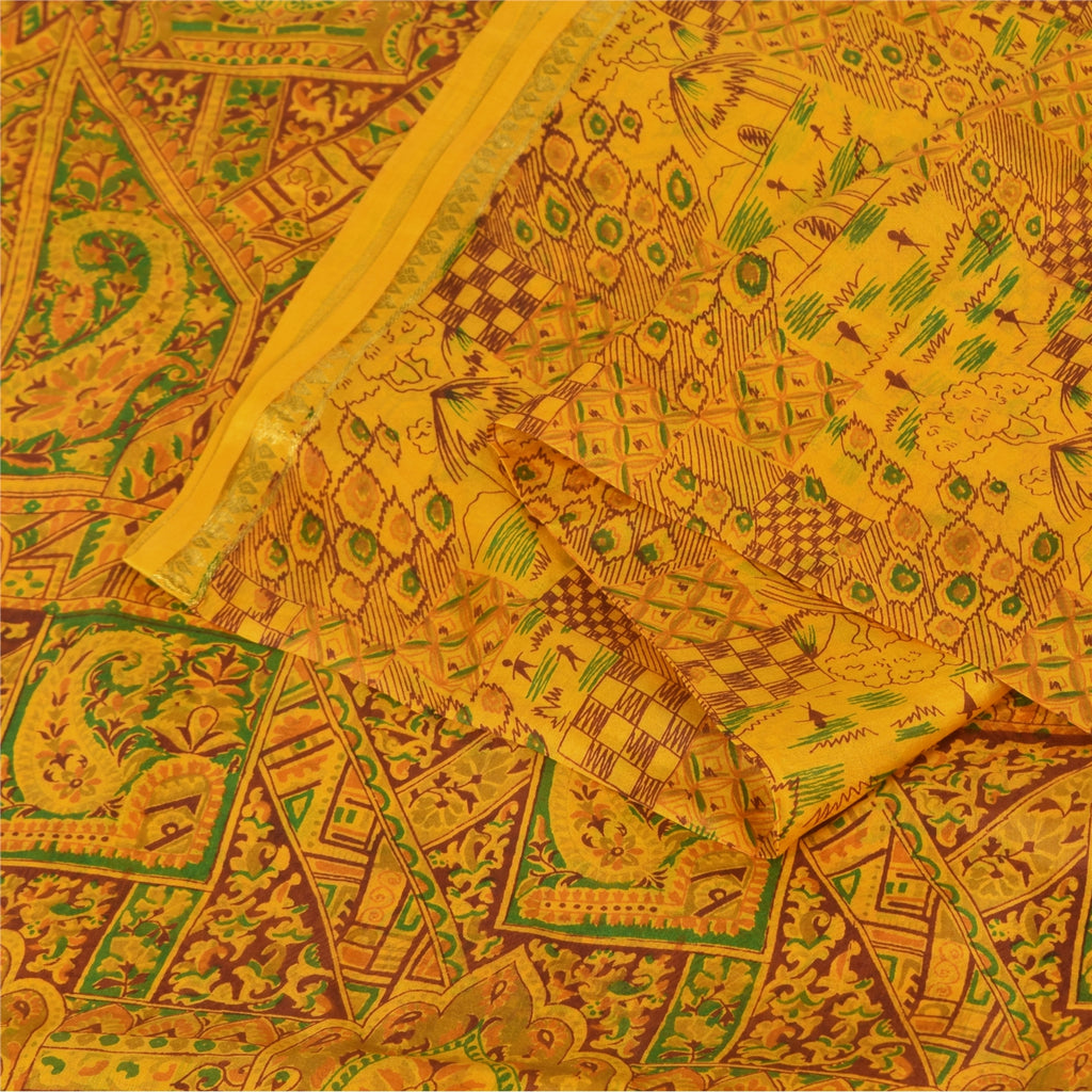 Sanskriti Vintage Sarees Yellow Indian Pure Silk Printed Sari 6+yd Craft Fabric