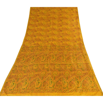 Sanskriti Vintage Sarees Yellow Indian Pure Silk Printed Sari 6+yd Craft Fabric