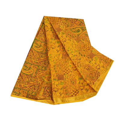 Sanskriti Vintage Sarees Yellow Indian Pure Silk Printed Sari 6+yd Craft Fabric