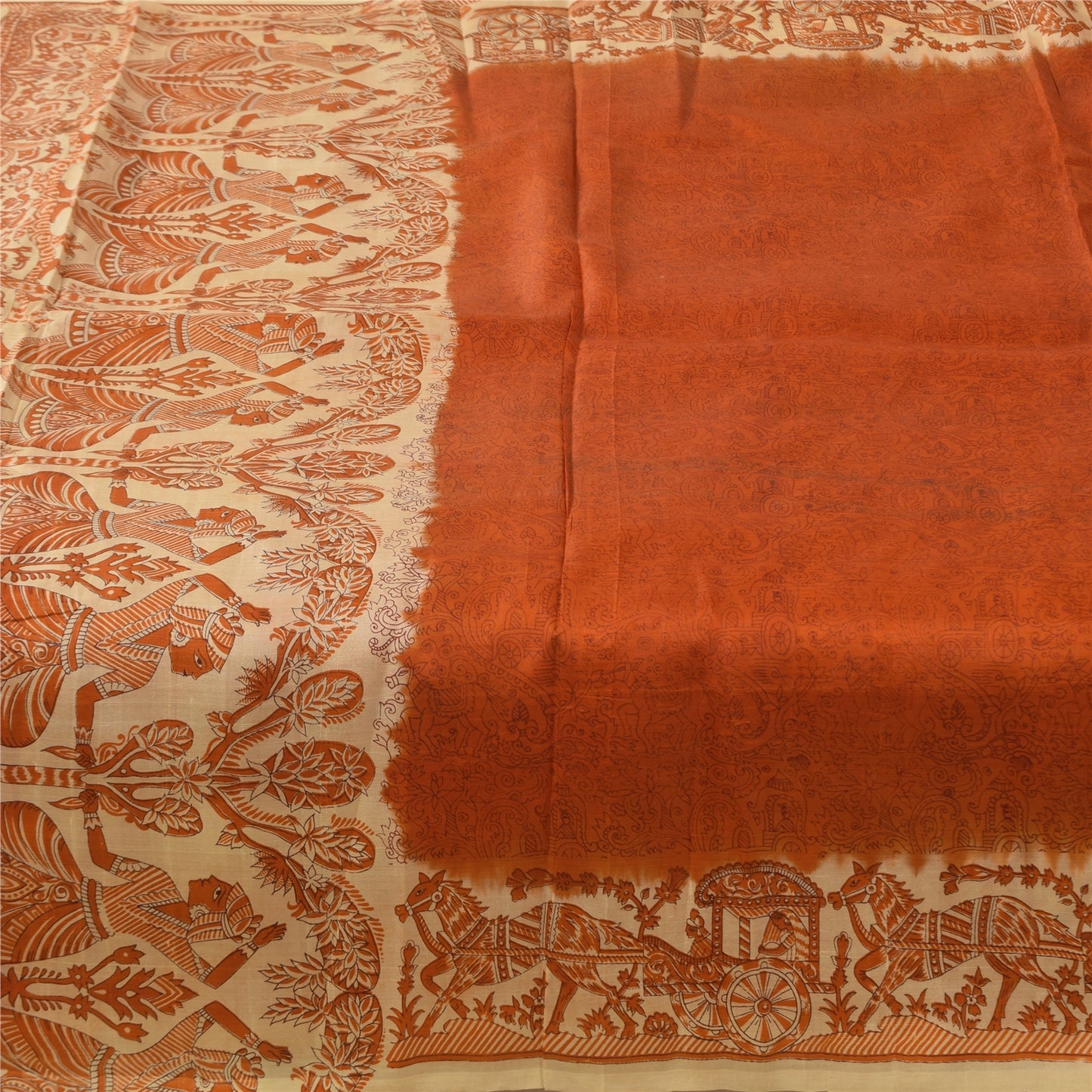 Sanskriti Vintage Sarees Orange Human Printed Pure Silk Sari 5+yd Craft Fabric