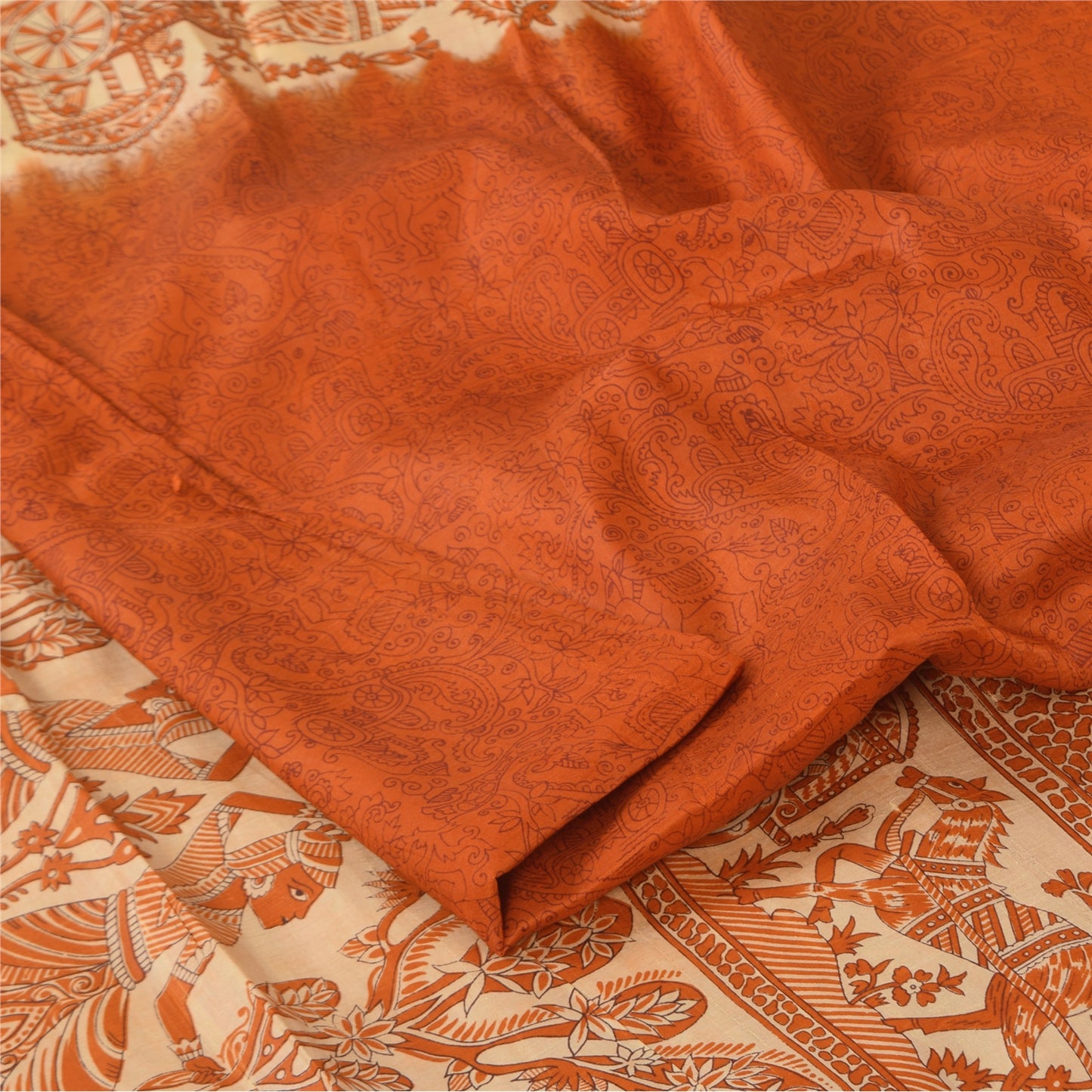 Sanskriti Vintage Sarees Orange Human Printed Pure Silk Sari 5+yd Craft Fabric