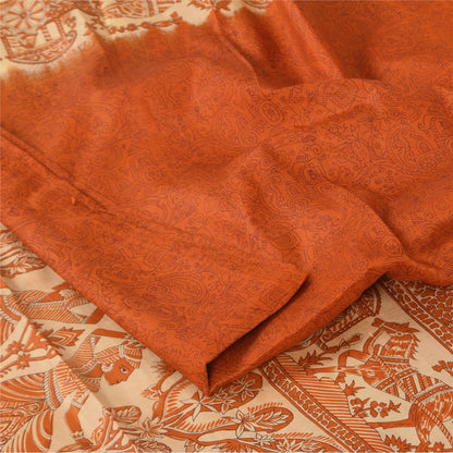 Sanskriti Vintage Sarees Orange Human Printed Pure Silk Sari 5+yd Craft Fabric