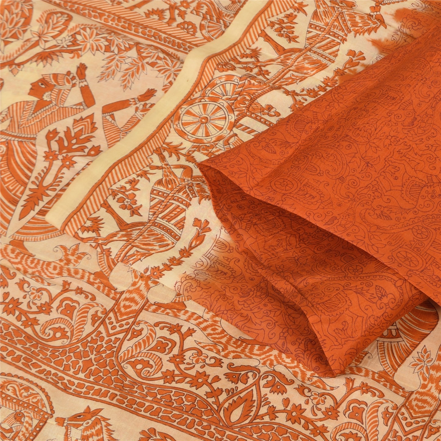 Sanskriti Vintage Sarees Orange Human Printed Pure Silk Sari 5+yd Craft Fabric