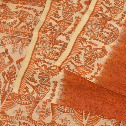 Sanskriti Vintage Sarees Orange Human Printed Pure Silk Sari 5+yd Craft Fabric